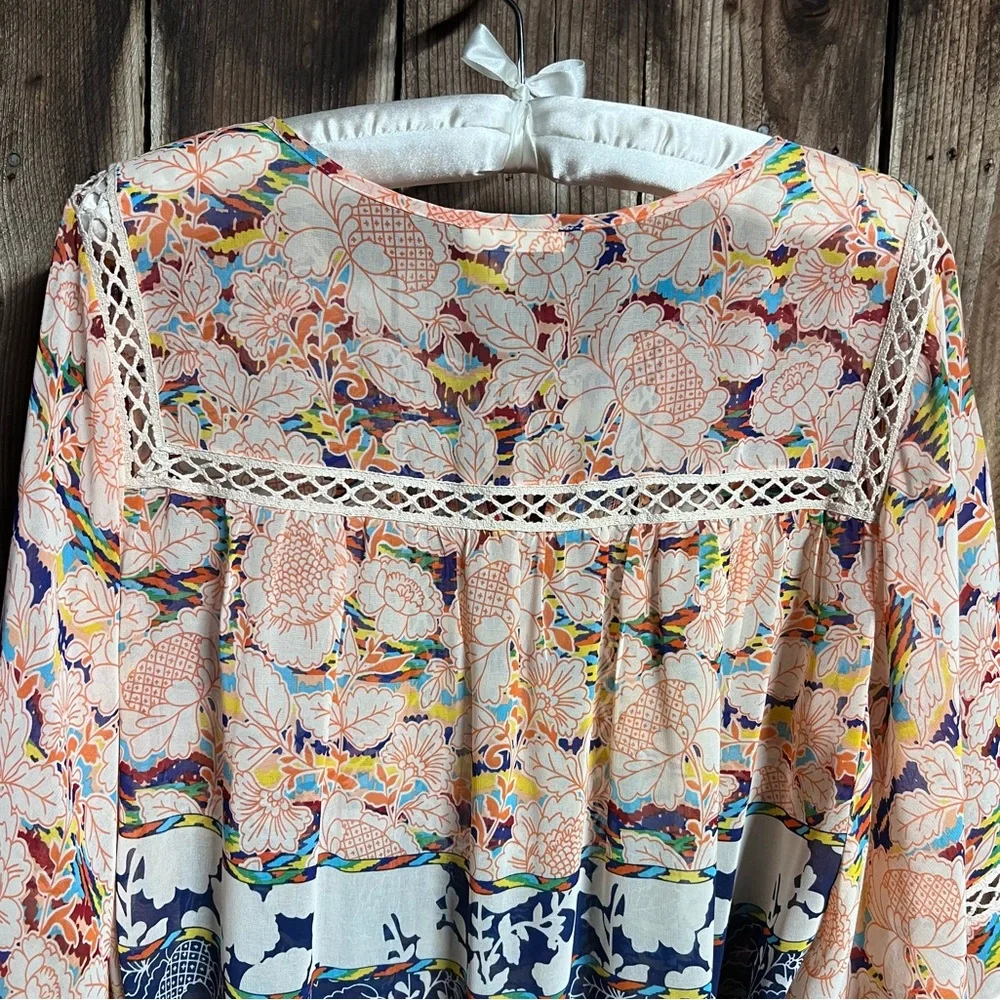 Meadow Rue Boho Sheer Floral Peasant Blouse Flowy Bat Wings Crochet Lace Sz L - Picture 12 of 14
